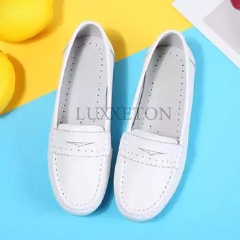 Туфли для медсестер из натуральной кожи с круглым носком и плоской подошвой, мягкие, нескользящие, удобные, дышащие, для работы в больнице 34 белый