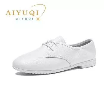 Туфли для медсестер, женские туфли на шнуровке в британском стиле, простые балетки из воловьей кожи на плоской подошве, повседневные белые женские туфли 35 белый