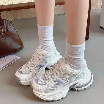 Туфли для пап на толстой подошве, увеличивающие рост, 2025, новая универсальная сетчатая легкая и удобная обувь на шнуровке в стиле ретро для спорта и отдыха 35 серебряный