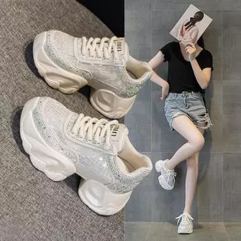 Туфли для папы со стразами, женские, на платформе, увеличивающие рост, дышащие, повседневные, спортивные туфли, туфли на платформе 34 белый