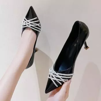 Туфли для свадебной вечеринки на тонком каблуке с милым жемчугом, женские туфли-лодочки из искусственной кожи с острым носком, женские элегантные туфли на высоком каблуке с завязками и бусинами 34 бежевый