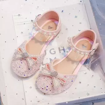 Туфли для танцев для девочек, свадебные, на мягкой подошве, детские туфли принцессы, с блестящими пайетками, летняя новинка 2025 года, детские полусандалии, милые, нескользящие 23 розовый