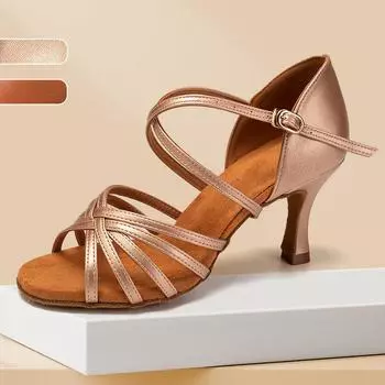 Обувь для танцев из искусственной кожи, женская, бальная, вечерняя, латиноамериканская, танго, ча, туфли на высоком каблуке, каблук 7,5 см 34 коричневый