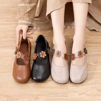 Туфли для женщин 2024 года, элегантные женские летние туфли на низком каблуке с круглым носком, обычные кожаные, повседневные, для отдыха, нескользящие, рекламные, шикарные 35