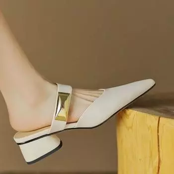 Туфли для женщин 2024 года, летние, новые, модные, однотонные, простые, полутапочки, удобные, кожаные, женские 35 бежевый