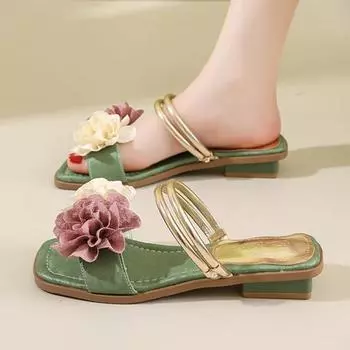 Туфли для женщин 2024 года, модные женские тапочки с квадратным носком, летние, с открытым носком, однотонные, с цветами, на низком каблуке, повседневные, удобные тапочки 35 покинуть белый