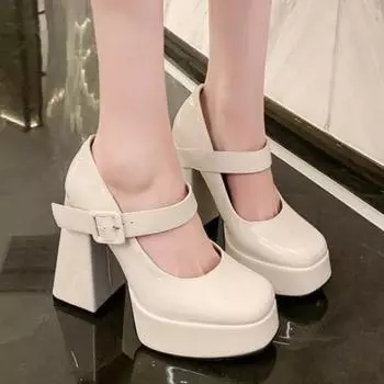 Туфли для женщин 2024 года, модные женские туфли-лодочки с квадратным носком, осенние туфли Мэри Джейн с мелкой пряжкой, однотонные, для вечеринок, на толстом каблуке 34 бежевый