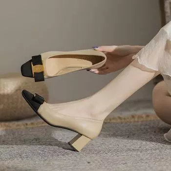 Туфли для женщин 2024 года, офисные, на среднем каблуке, женская летняя обувь с квадратным носком, обычная кожа, повседневный бант по акции, последняя 34