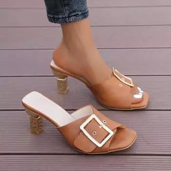 Туфли для женщин, летние модные тапочки на высоком каблуке, женские тапочки большого размера с металлической пряжкой на ремне 43 чёрный