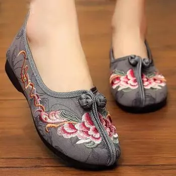 Туфли для женщин. Туфли на плоской подошве. Лоферы без шнуровки с вышивкой. Повседневная обувь в китайском стиле ретро в этническом стиле. 35 красный