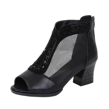 Туфли-джазовки с золотой сеткой и открытым носком, высокие, на мягкой подошве, женские сандалии на среднем каблуке, обувь для вечеринок, бальных и социальных танцев, для улицы 34 чёрный