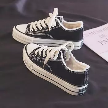 Туфли Ermian на толстой подошве. Женские зимние туфли на флисовой подкладке. Осень-зима 2023. Новые утолщенные парусиновые туфли. Теплые универсальные повседневные туфли для доски. 35 чёрный