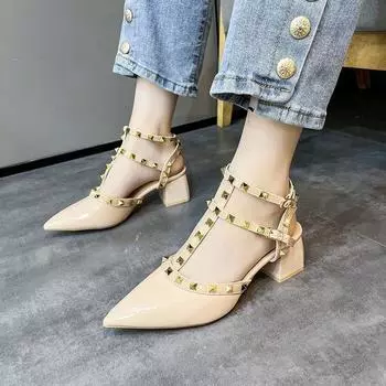 Туфли Fairy wind с одним словом, пряжкой, толстым каблуком, заклепками, на высоком каблуке, женские летние туфли 2024 года с острым носком, универсальные модные босоножки 34