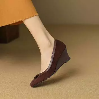 Туфли французские одинарные женские с бантом и квадратной головкой, с высоким наклонным каблуком, новинка 2024 года, летняя юбка, светлый рот, одна педаль, матовая 34 коричневый