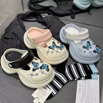 Туфли Gu Yunshu с дырочками на толстой подошве для женской верхней одежды, новинка 2025 года, пляжная обувь со стразами и жемчугом, классные тапочки для лета у женщин 34