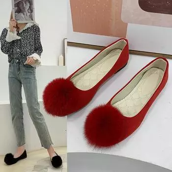 Туфли Hairball Single Square Head Suede Internet Celebrity Flat Bottom Hairball Laden Shoes Shallow Mouth Universal Large Size 35 бордовый