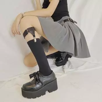 Туфли Harajuku soft girl single женские японские студенческие банты на шнуровке маффины на толстой подошве JK толстый каблук маленькие кожаные туфли 228-5 37 чёрный