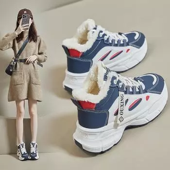 Туфли High Bang Dad для женщин 2024 года, новые плюшевые и теплые универсальные студенческие туфли из большого хлопка, повседневная спортивная обувь 35 чёрный