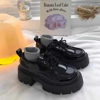 Туфли Ins Leather на толстом высоком каблуке со шнуровкой для женщин Весна и осень Новые британские черные универсальные туфли с завышенной талией Модные 35