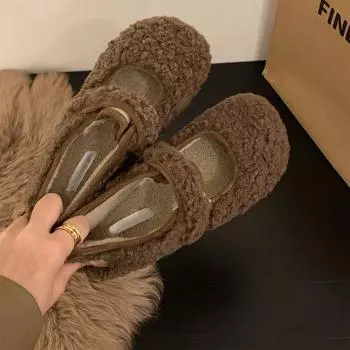 Туфли из белой вьющейся шерсти на плоской подошве, женская обувь, новинка 2024 года, универсальные туфли на липучке Doudou, одинарные туфли на осень и зиму 35 серый