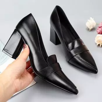 Туфли из черной грубой кожи на высоком каблуке 31 thick heel bar 7CM чёрный