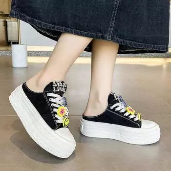 Туфли из грубой парусины с цветочным принтом женские, весна 2024, новые полутапочки на толстой подошве, повседневные туфли с увеличенным ленивым каблуком 35