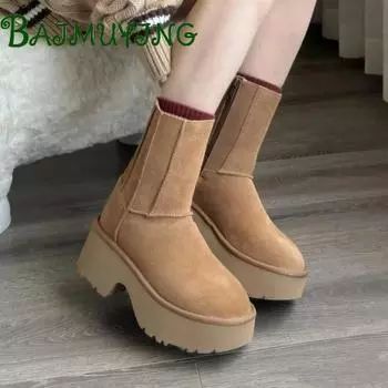 Туфли из хлопка и замши, женские меховые зимние сапоги на платформе, 2024, зимние новые ботильоны, плюшевые теплые каблуки, модный бренд Zapatos Mujer 35 малиновый