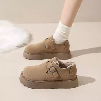 Туфли из хлопка в стиле ретро с толстой подошвой и круглой головкой, с одной педалью, для женщин, осень и зима, новые туфли из хлопка с пряжкой на ремне большого размера, с мягкой подошвой 34 чёрный