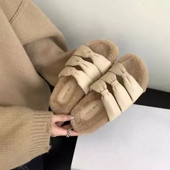 Туфли из искусственного меха, женская обувь для улицы, удобная осенне-зимняя обувь с толстой подошвой, универсальные, удобные домашние тапочки из хлопка с мехом 35 чёрный