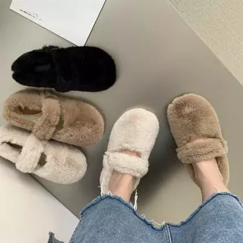 Туфли из искусственного меха, женская верхняя одежда, осень и зима, повседневные, с толстой подошвой, теплые, на одну ногу, со стременами, туфли Мэри Джейн из хлопка 35 чёрный