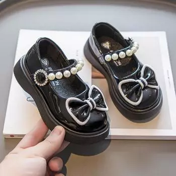 Туфли из искусственной кожи для девочек на весну и осень, однотонные туфли Мэри Джейн с бабочками 35
