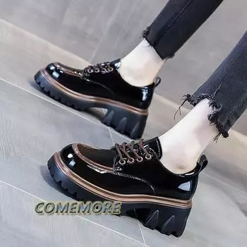 Туфли из искусственной кожи для женщин в британском стиле 2024 года, новые, весна-осень, модные, на толстом каблуке, платформе, повседневные, с круглым носком, на шнуровке, удобные 35 бежевый