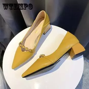 Туфли из искусственной кожи на высоком каблуке. Женские туфли без шнуровки с острым носком. Туфли-лодочки на толстом каблуке на среднем каблуке. Мягкие туфли из искусственной кожи на толстом каблуке в стиле ретро. 40