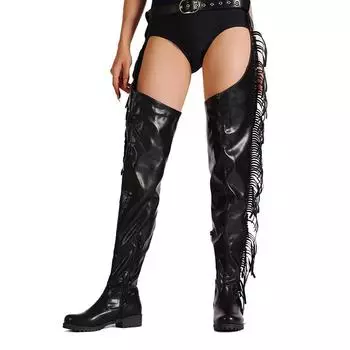 Туфли из искусственной кожи выше колена на толстом среднем каблуке с круглым носком, высокие, длинные, современные, косплей-брюки, сапоги, женские сапоги с эластичным поясом на талии 6