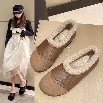 Туфли из коровьего сухожилия с мягкой подошвой из хлопка для женщин на зиму, новые теплые и неглубокие хлопковые туфли с плоским дном и мягкими удобными ботинками 35 чёрный