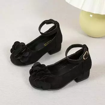 Туфли из кожи для девочек для вечеринки, свадьбы, модные, детские, с цветком, для выступлений, детские туфли на высоком каблуке 2024 весна-осень, совершенно новые 27 чёрный