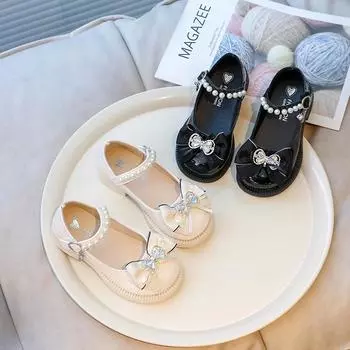 Туфли из кожи для девочек на вечеринку, свадьбу, детские туфли принцессы с бантом, элегантные детские туфли Мэри Джейн со стразами и жемчугом 26 чёрный