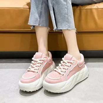 Туфли из кожи на толстой подошве. Новые универсальные корейские туфли для спорта и отдыха с увеличенной высотой и большим мысом. Белые туфли для женщин. 35