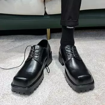 Туфли из кожи с квадратной головкой, летние трендовые повседневные туфли дерби на платформе, мужские туфли японского дизайна 36721-T 38 чёрный