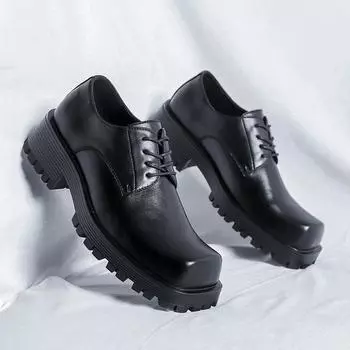 Туфли из кожи с квадратной головкой, мужская весенняя и осенняя обувь, нескользящая официальная повседневная обувь, простые британские туфли с толстой подошвой, увеличивающие высоту голени 36721-R 38 чёрный