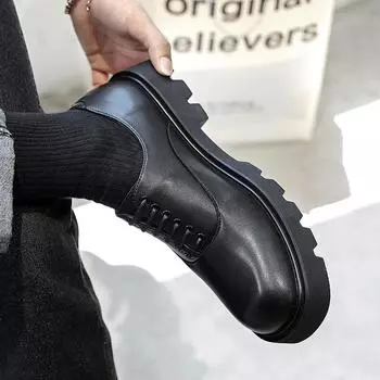 Туфли из кожи с квадратной головкой, мужские деловые повседневные туфли дерби с плоской головкой, дизайн Niche Sense Ins, толстая подошва 15961-A 37 чёрный