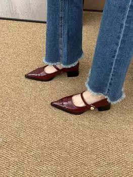 Туфли из кожи с острым носком, женские весенние туфли на толстом каблуке, низкие каблуки, высокие каблуки, ретро-туфли в стиле французского стиля Мэри Джейн 35 красный