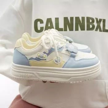 Туфли из кожи с вставками Легкие женские туфли в корейском стиле в студенческом стиле Повседневная обувь на толстой подошве Сетчатые дышащие белые туфли 40