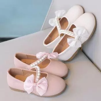 Туфли из кожи с жемчугом для девочек на вечеринку, свадьбу, элегантные детские туфли принцессы с бантом, детские туфли Мэри Джейн на плоской подошве с круглым носком 24 бежевый