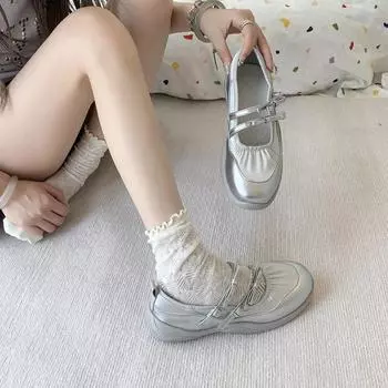 Туфли из кожи серебристого цвета, женские, новинка лета 2024 года, универсальные, на толстой подошве, высокие балетки, туфли Мэри Джейн с закрытым носком 35 бежевый