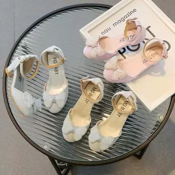 Туфли из кожи со стразами для девочек, туфли для студентов, туфли для выступлений с жемчужным бантом, туфли для маленьких принцесс, детская обувь 26 серебряный