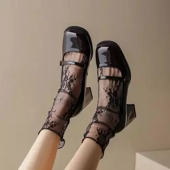 Туфли из лакированной кожи с квадратным носком и толстым каблуком для женщин, новые маленькие кожаные туфли на осень, черные туфли с глубоким вырезом на высоком каблуке 34 чёрный