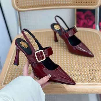 Туфли из лакированной кожи с острым носком на высоком каблуке для женщин. Тонкие каблуки для весны/лета. Новые стильные босоножки с пряжкой на ремне. Одиночные туфли. 35 чёрный