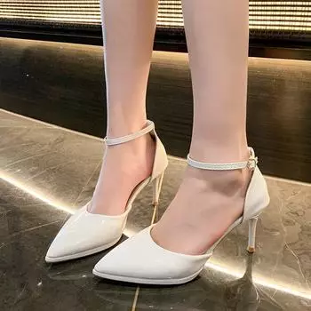 Туфли из лакированной кожи с острыми каблуками, весна-лето 2024, новые туфли с неглубокой горловиной и полой пряжкой, универсальные босоножки на шпильке 35