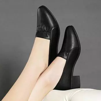 Туфли из мягкой кожи с открытым носком, женские нескользящие рабочие туфли на толстом каблуке и мягкой подошве на среднем каблуке, женская кожаная обувь 35 бежевый